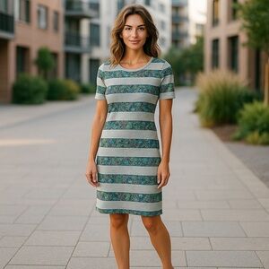 LuLaRoe Women’s Medium Gray/Green Julia Fitted MIDI-Dress EUC